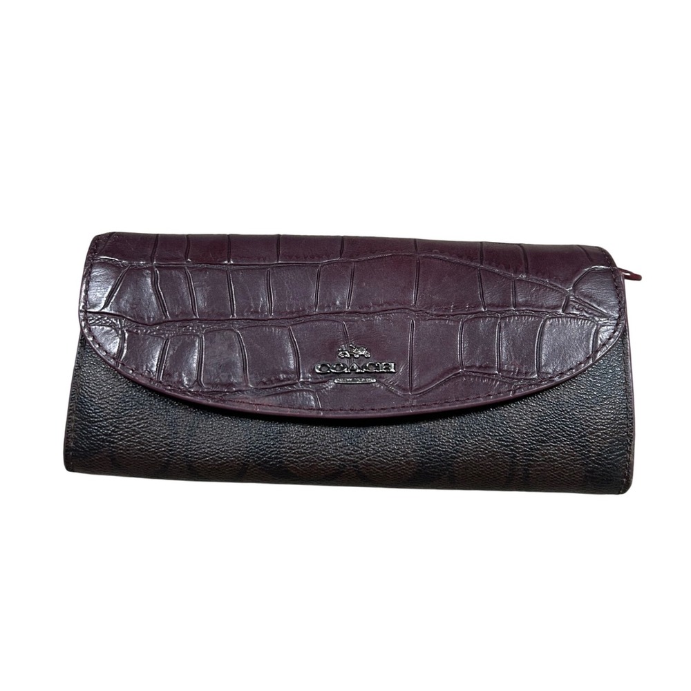Coach Signature Canvas Croc Embossed Leather Trim‎ Wallet Burgundy Brown
